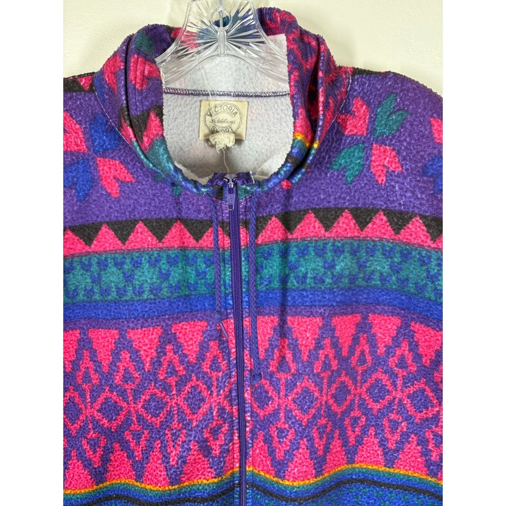 Vintage 90s Victoria Sport Fleece Jacket XL Purple Pink Geometric Gorpcore Cozy - Picture 3 of 11